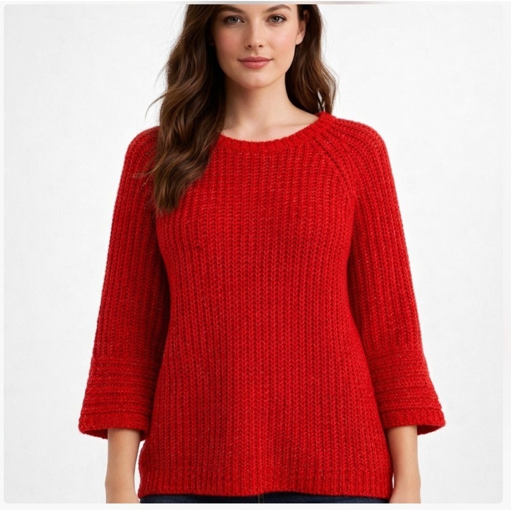 F&F Women's Red Chunky Knit Cozy Sweater Pullover Crew‎ Neck Size 14